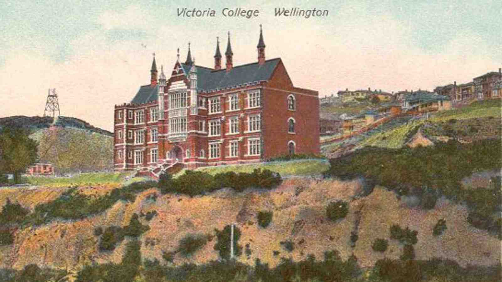 Painting of Victoria College on a hill.