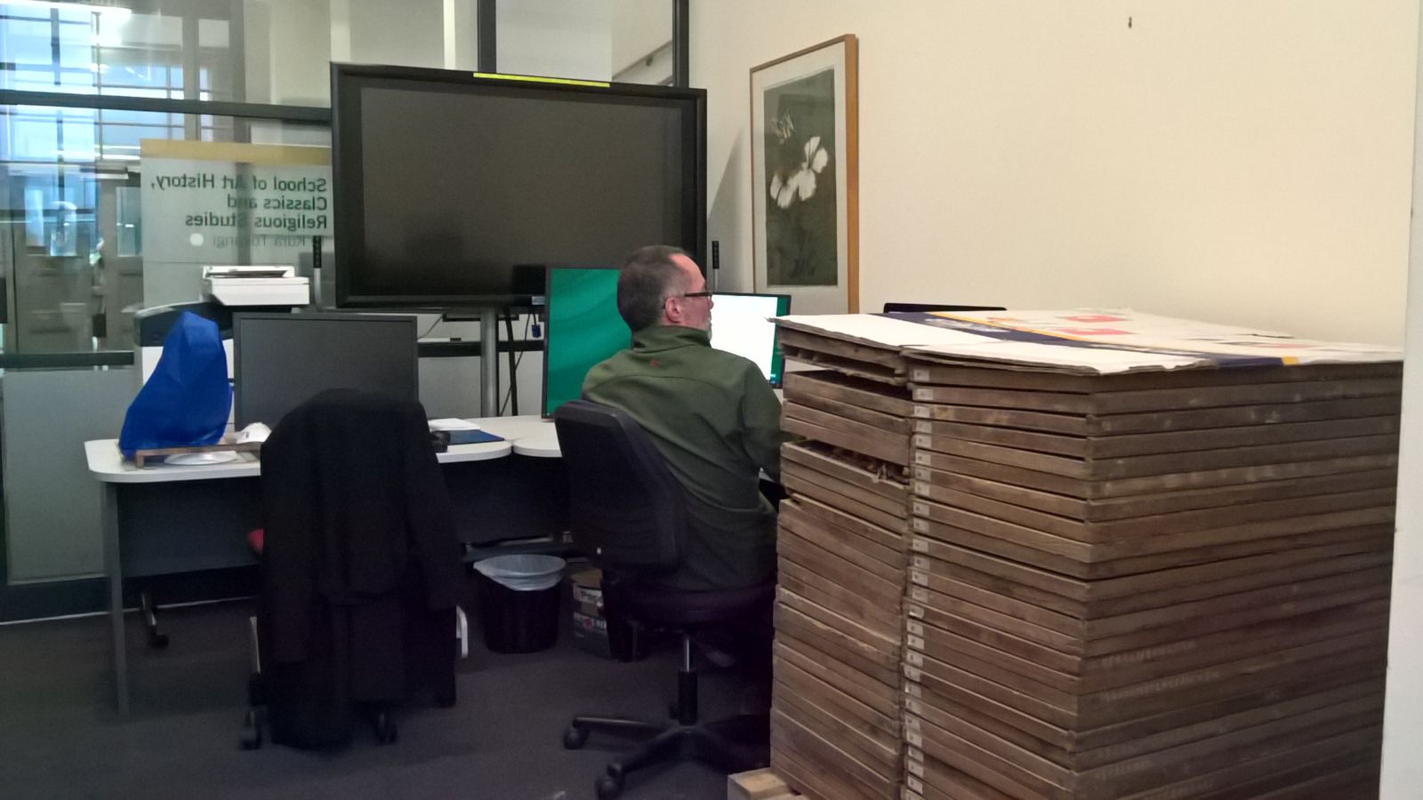 Rhys Owen settles into our temporary office, next to the tonne of heritage types