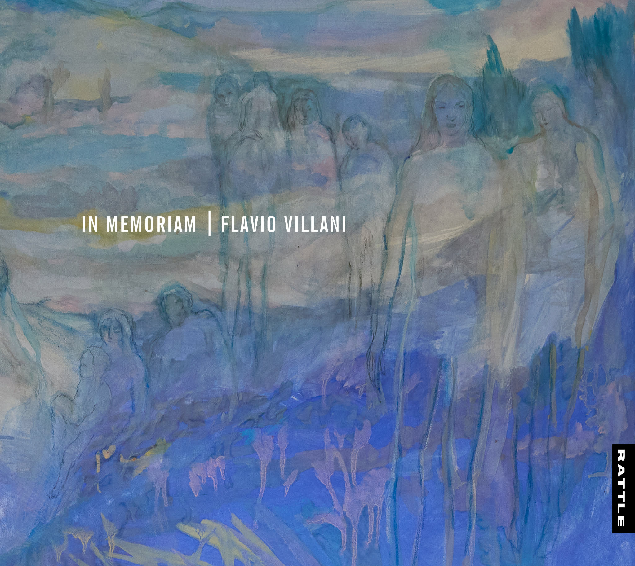 album cover art of a abstract blue and grey painting of people walking through hills.