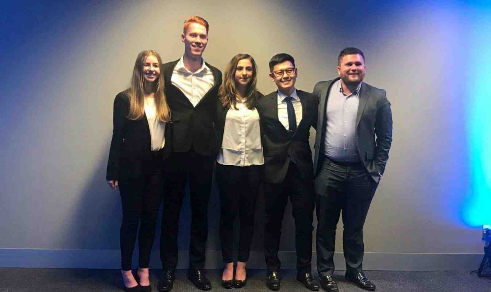 Victoria Business Consulting Club – Victoria Law students and Business Consulting club members Kathleen Best, Robert Teagle, Tamara Jenkin, David Cheng with coach Hayden Berkers.