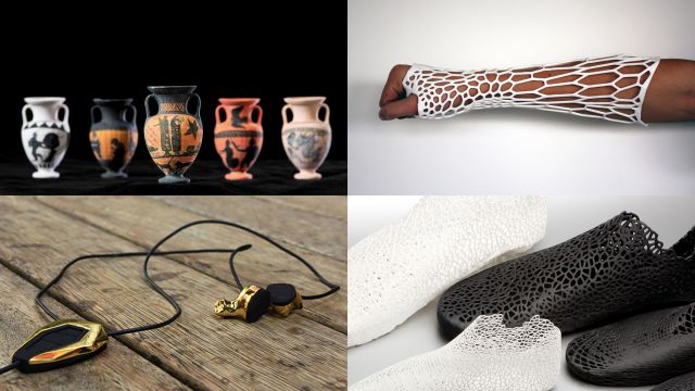 3D printed amphorae, Clockwise from top left: Greek style amphorae by Dr Diana Burton, Bernard Guy, and Zach Challies; Cortex Cast by Jake Evill; custom-fitted shoes by Earl Stewart; headphones by Julian Goulding.