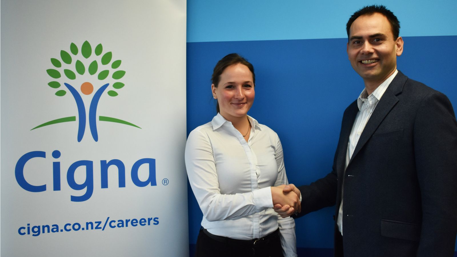 Cigna 2018 actuarial scholarship recipient, Clarissa Nowak, with Nathan Thomas, Head of Customer Propositions and Value at Cigna.