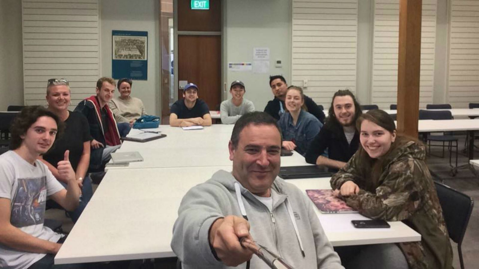 John Psathas and students in his last taught class at the New Zealand School of Music, CMPO201