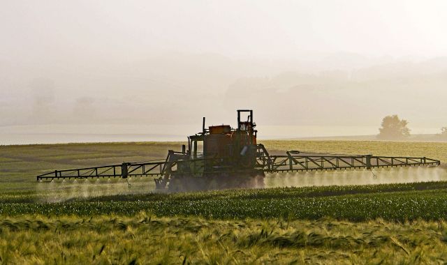 Pesticide being sprayed over a field with a tractor.