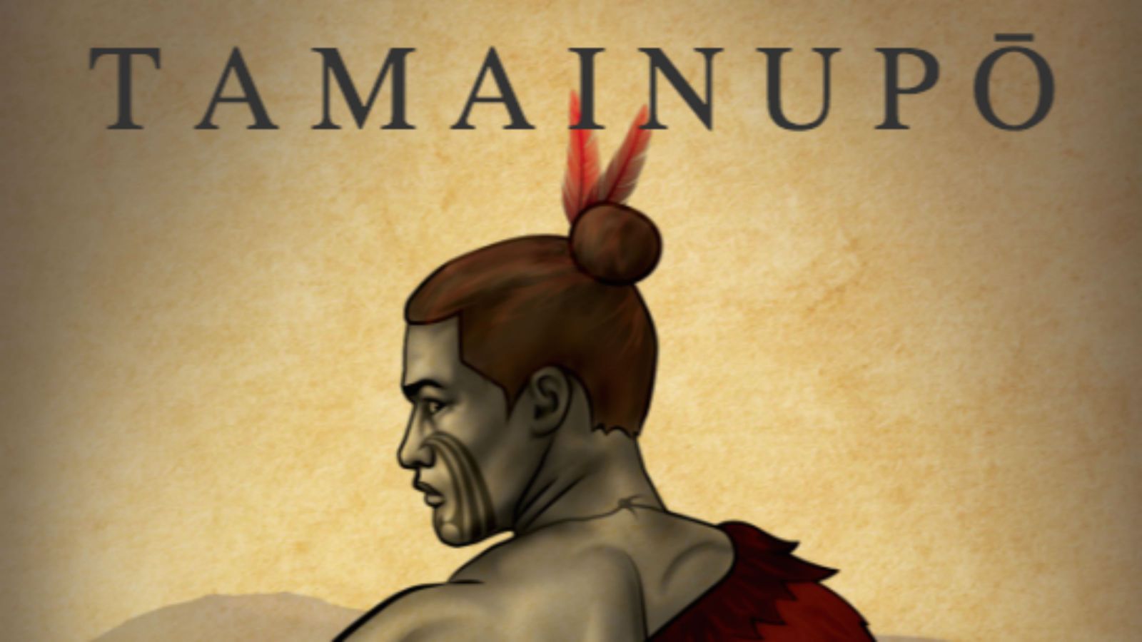 An image of a strong man with two red feathers in his hair, with text that reads Tamainupo.
