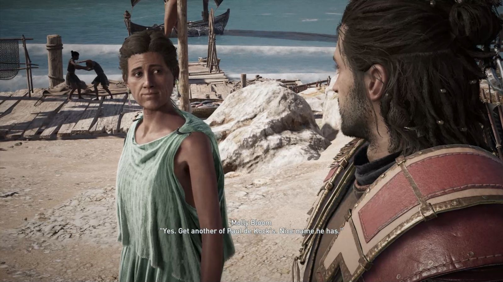 grab from game with waka and rock, two people in foreground with caption Molly Bloom