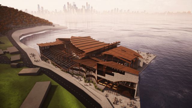 View from above of Te Whare Wānanga o Nga Mahi Auaha, Adam Clark's timber building design