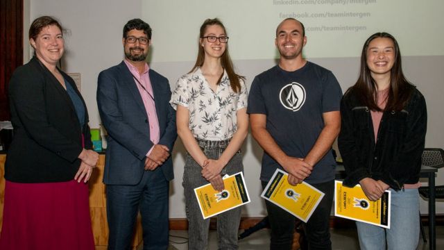 Three students receive Young Achiever awards, flanked by Intergen representatives – Intergen’s Mariza Löb and Mauricio Freitas present awards to Juliet Jacques, Zahn Philips, and Caroline Law.