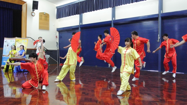 A Shaolin troupe performs for the opening of the Confucius classroom at Wanganui High School
