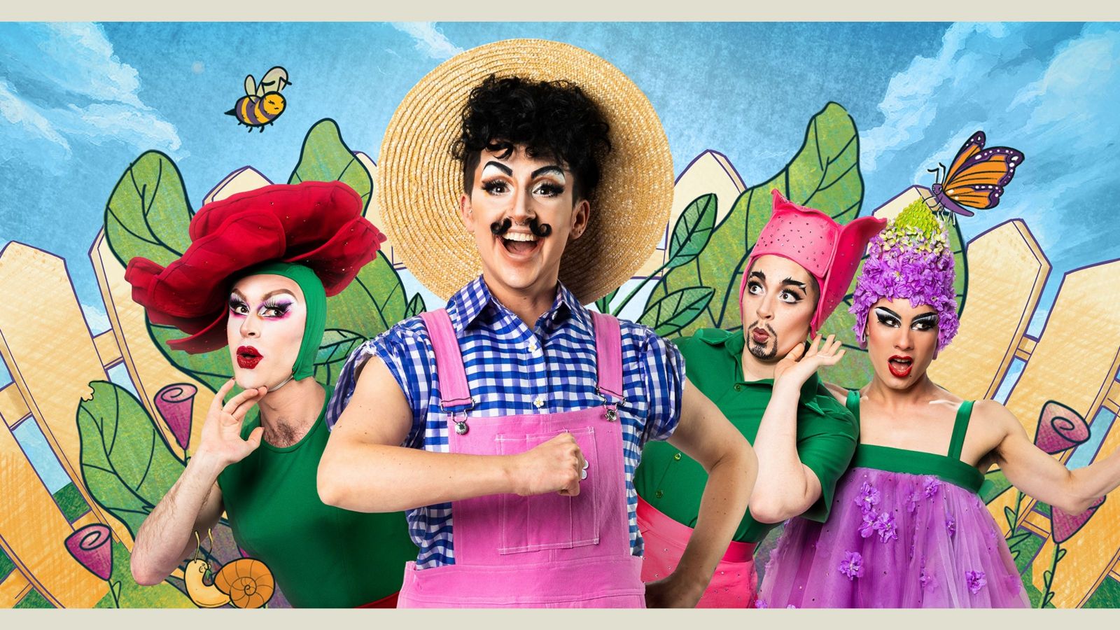 four people in colourful outfits dressed like farmer and flowers