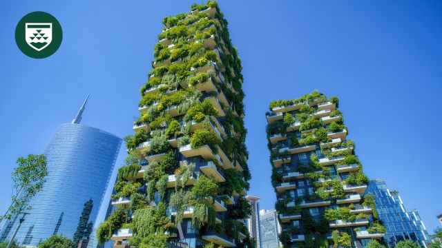 Skyscrapers with balconies covered in plants and greenery