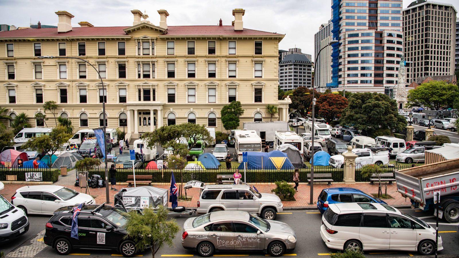 Protestors’ tents and vehicles on the grounds of the Old Government Buildings.