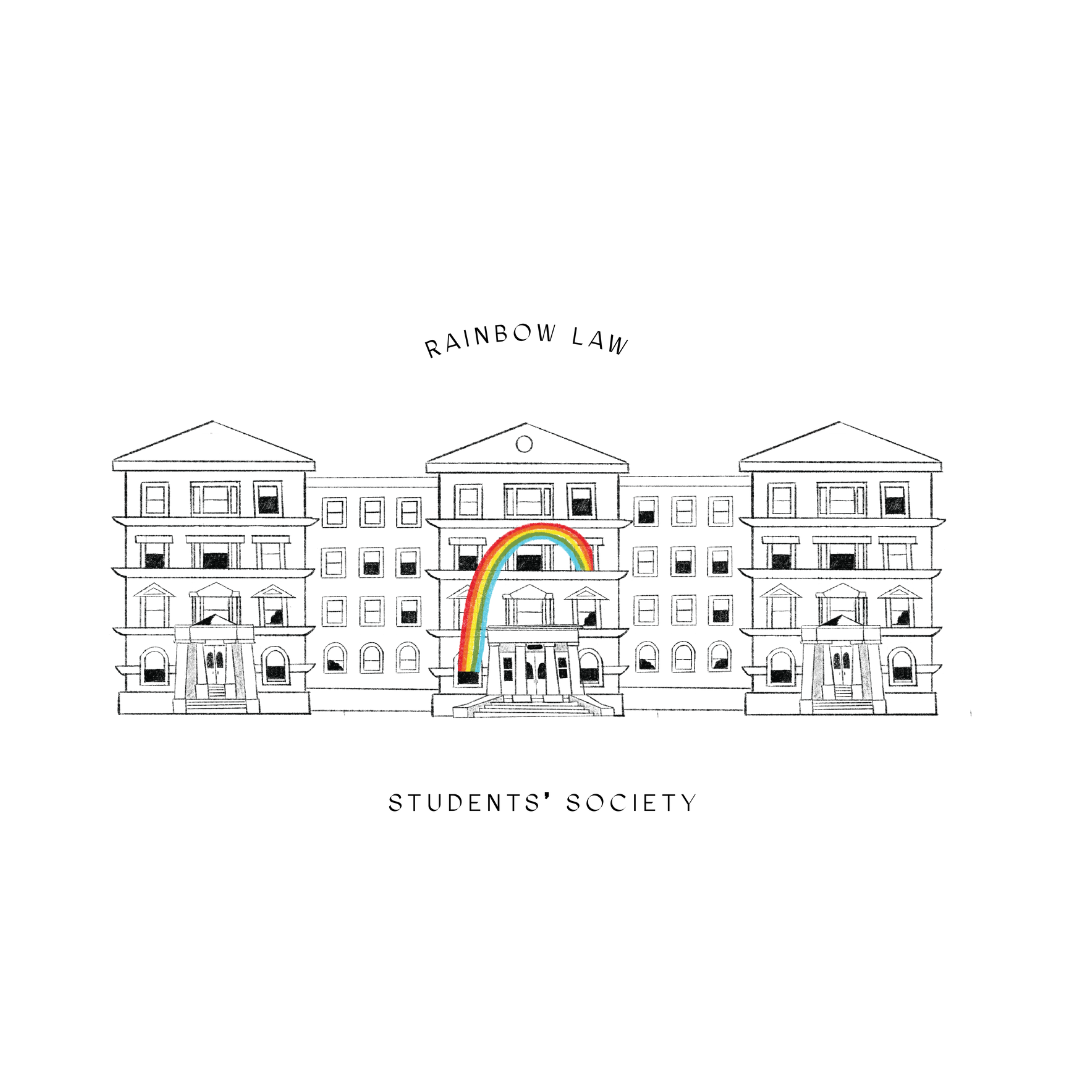 Logo with the words Rainbow Law and Students Society framed around a building drawn in black and white.