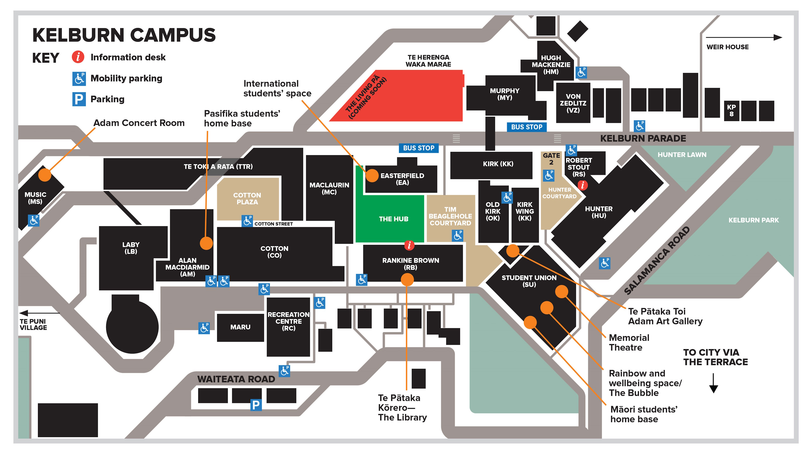 Graphic representation of Kelburn campus indicating buildings where orientation sessions will be held.