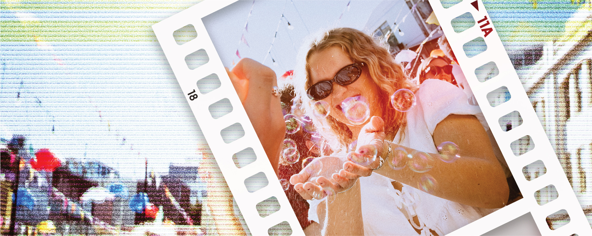 Person wearing sunglasses catching bubbles. The image is within the graphic of an old camera film, with a fuzzy background showing the outdoors