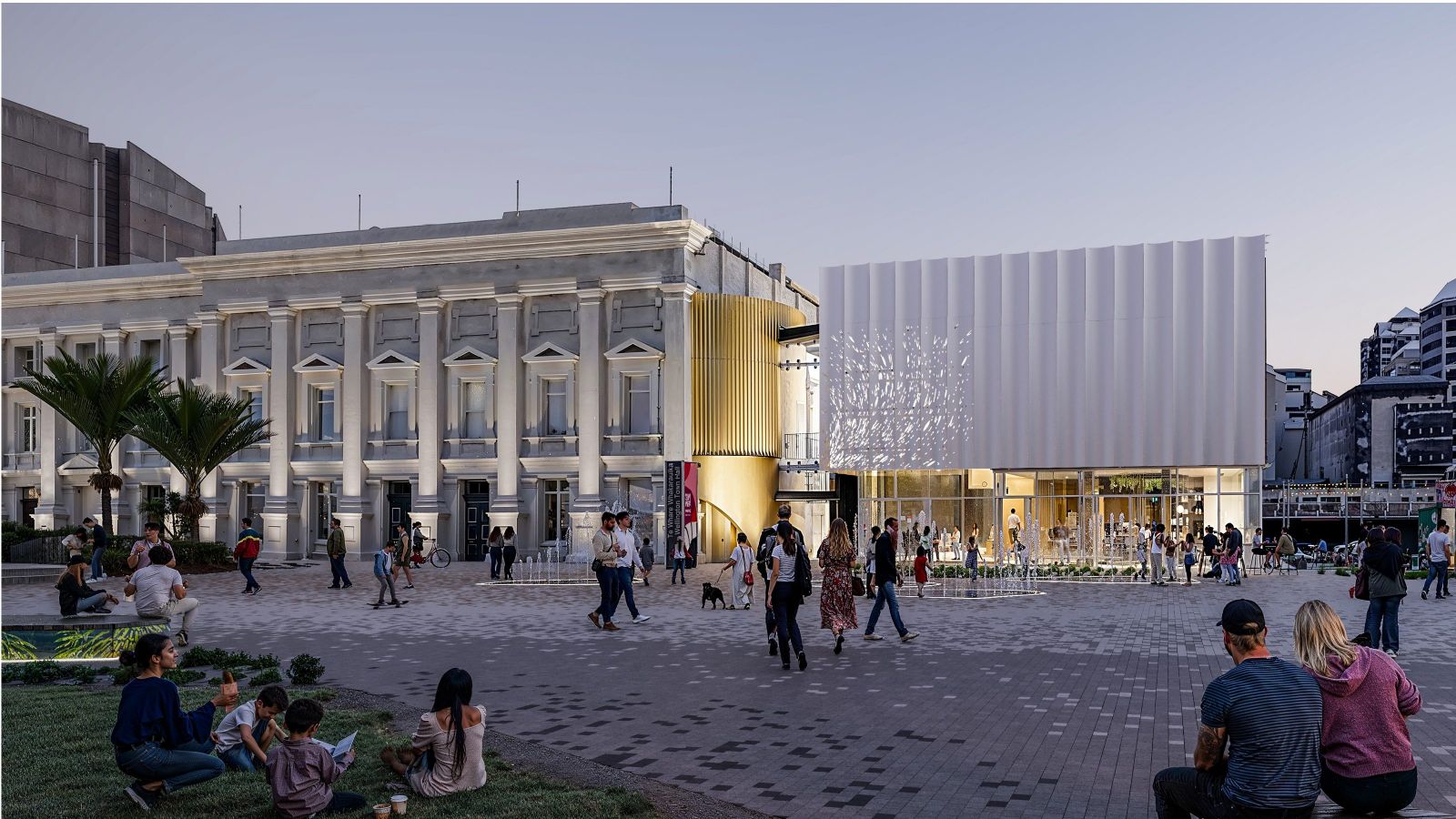 An architect's rendering of Wellington Town Hall at night
