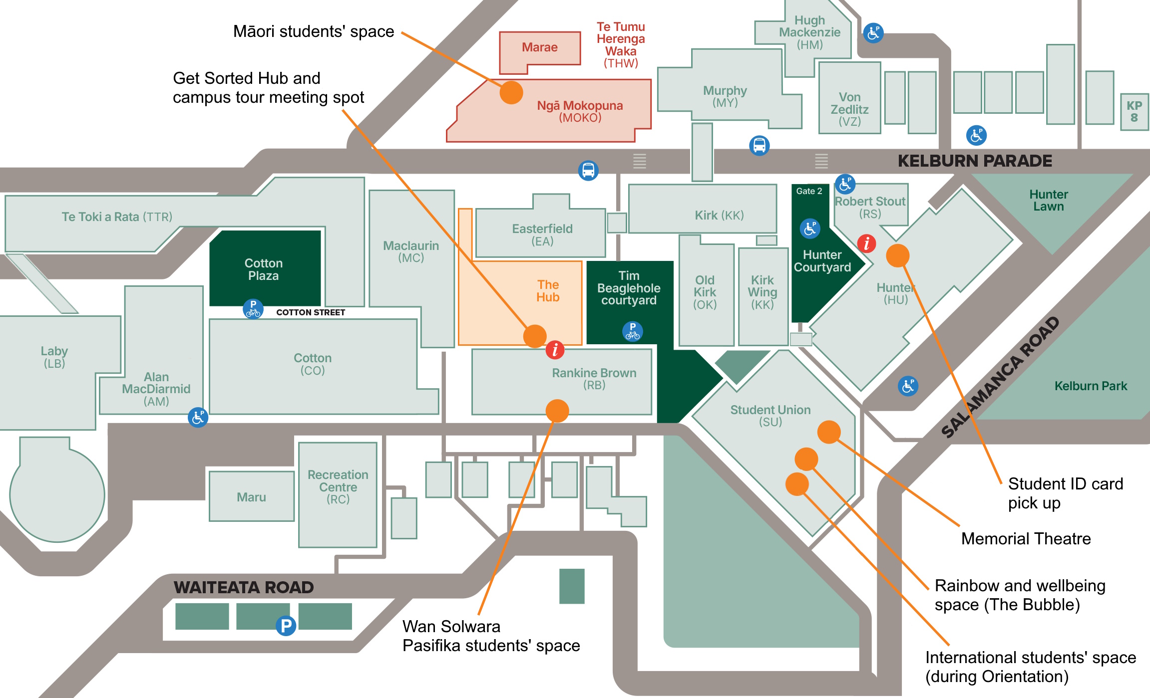 Diagram showing buildings on the University's Kelburn campus.