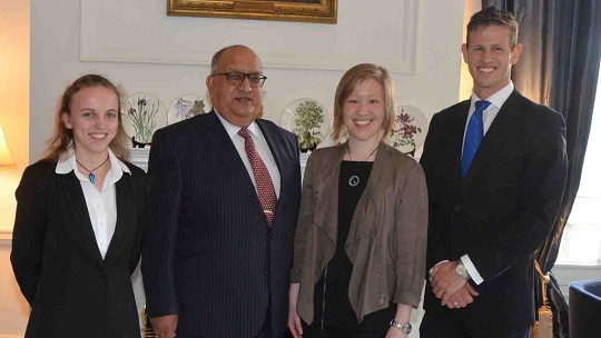 Former Governor-General The Rt Hon Sir Anand Satyanand with the Rhodes Scholars: Kimberley Savill, Jade Leung, and Oscar Lyons