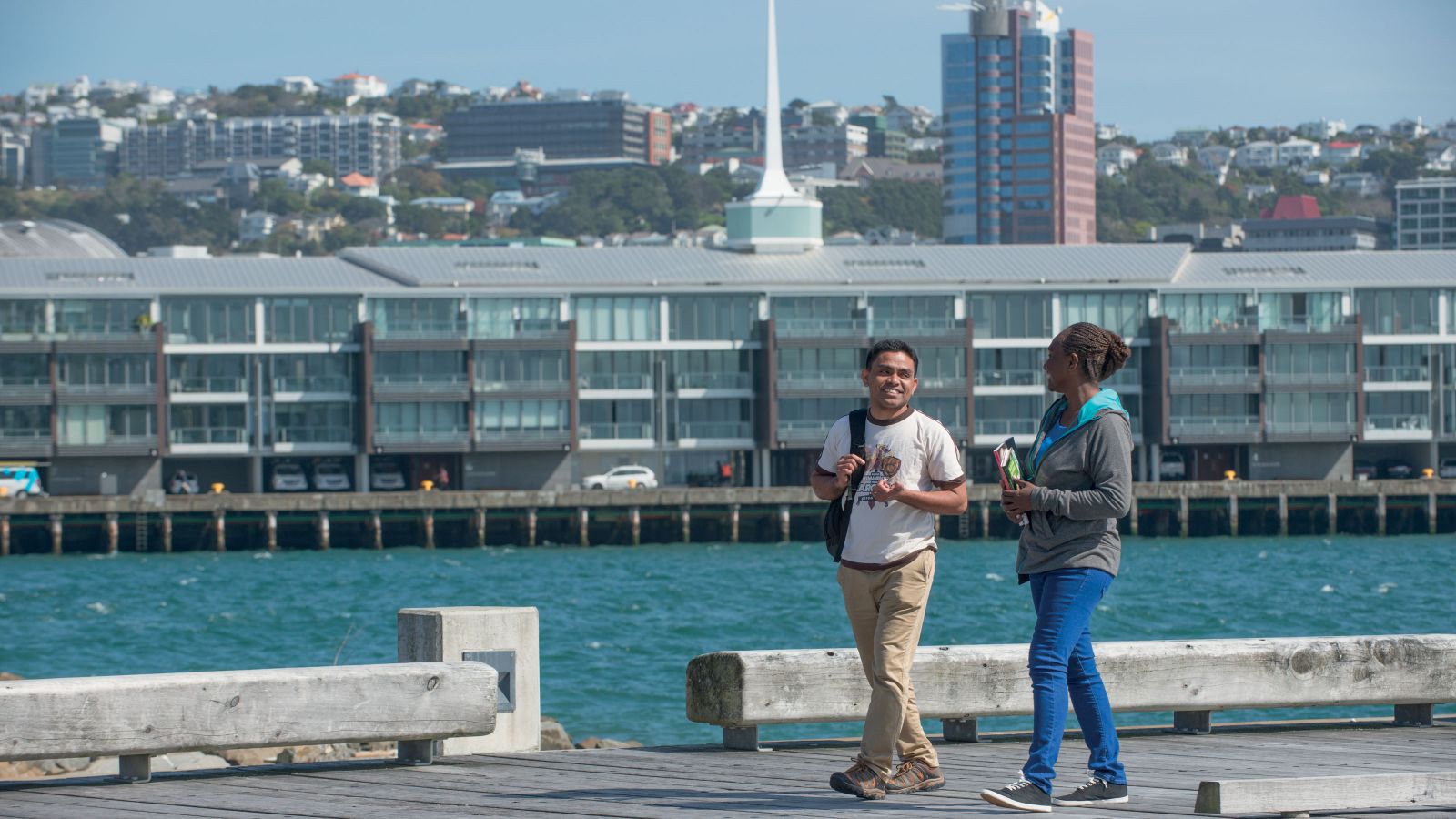 International students socialising and studying along the iconic Wellington waterfront and Oriental Bay