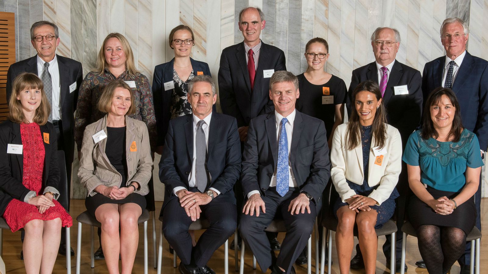 Senior leadership Team and prizewinners at School of Government 2016 prize giving and fourteenth anniversary – (Back row, L-R): Professor Girol Karacaoglu, Lara Penman, Ria Goble, Professor Jonathan Boston, Eleanor Tvrdeich, Christopher Worth, Professor Bob Buckle. (Front row L-R): Maisie Prior, Angela Cassidy, Professor Grant Guilford, Hon. Bill English, Rachel Thomas and Rawinia Lewis.