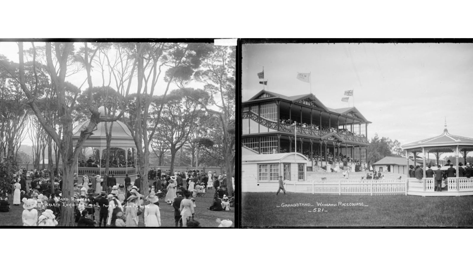 Two black and white pictures of different band rotundas.