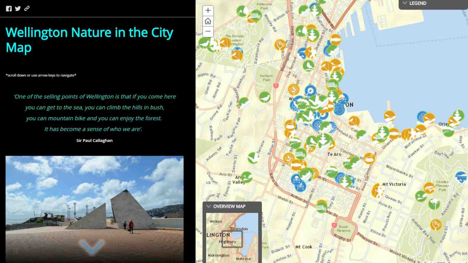 Screenshot of the Wellington Nature map website showing a map of Wellington on the right and a photo of Wellington on the left. 