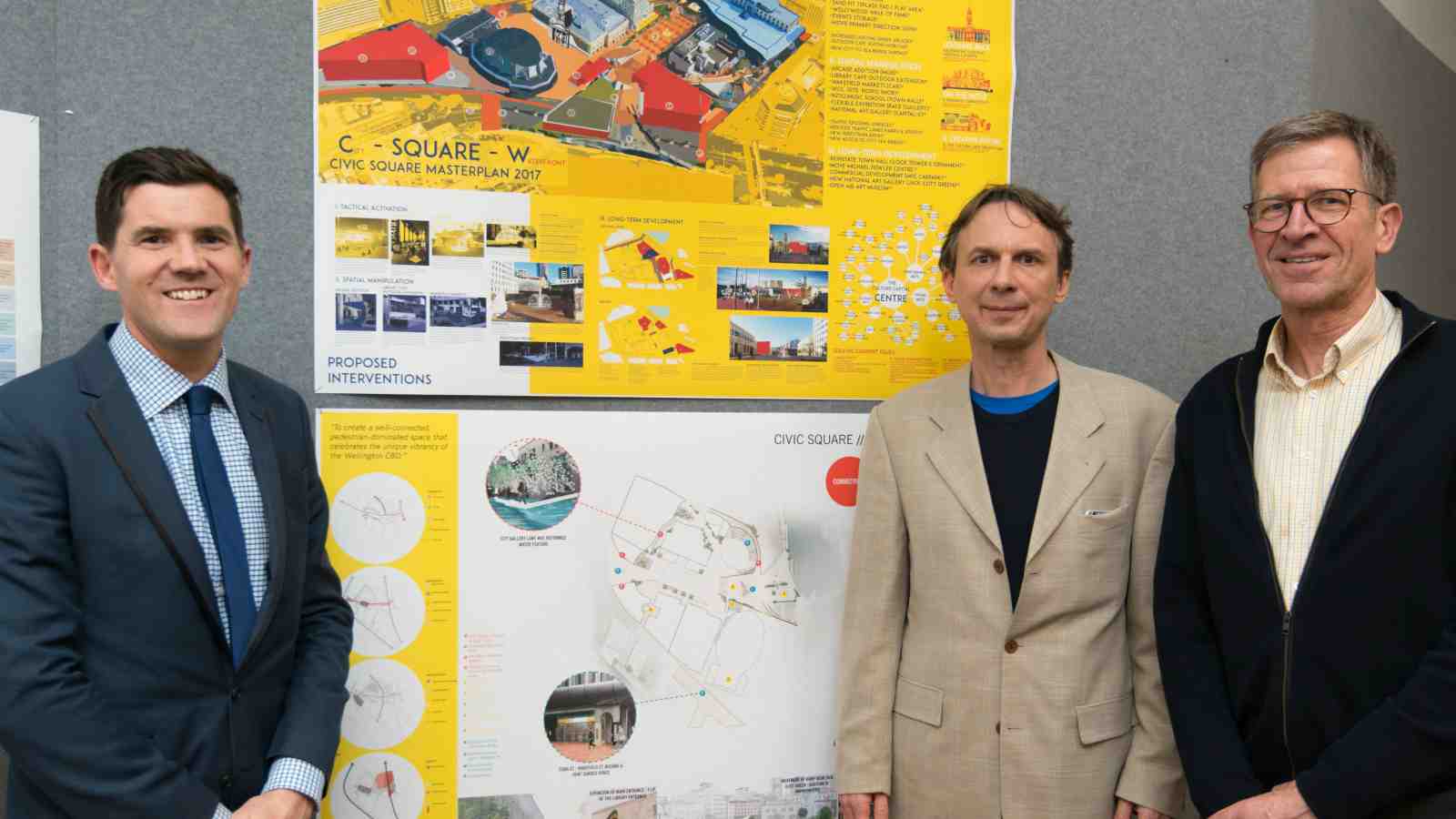 Wellington Mayor Justin Lester, Dean of the Faculty of Architecture and Design Marc Aurel Schnabel and Head of the School of Architecture Morten Gjerde with Bella Lum and Thomas Nieuwenhuis's redesign of Wellington's Civic Square.
