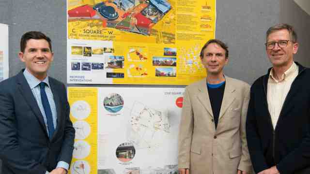 Wellington Mayor Justin Lester, Dean of the Faculty of Architecture and Design Marc Aurel Schnabel and Head of the School of Architecture Morten Gjerde with Bella Lum and Thomas Nieuwenhuis's redesign of Wellington's Civic Square.