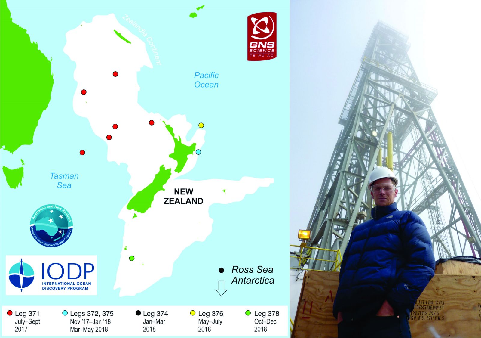 Left: Map of IODP sites. Right: Rob McKay on board the JOIDES Resolution in 2010.