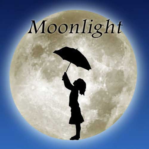 A silhouette of a child holding an umbrella in front of a full moon.
