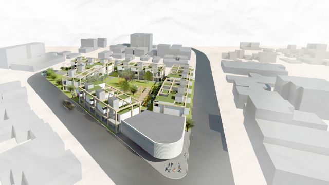 A bird's-eye view looking over a modular housing concept design.
