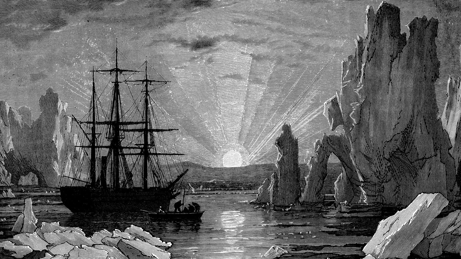 Drawing of 19th Century explorers in Antarctica.