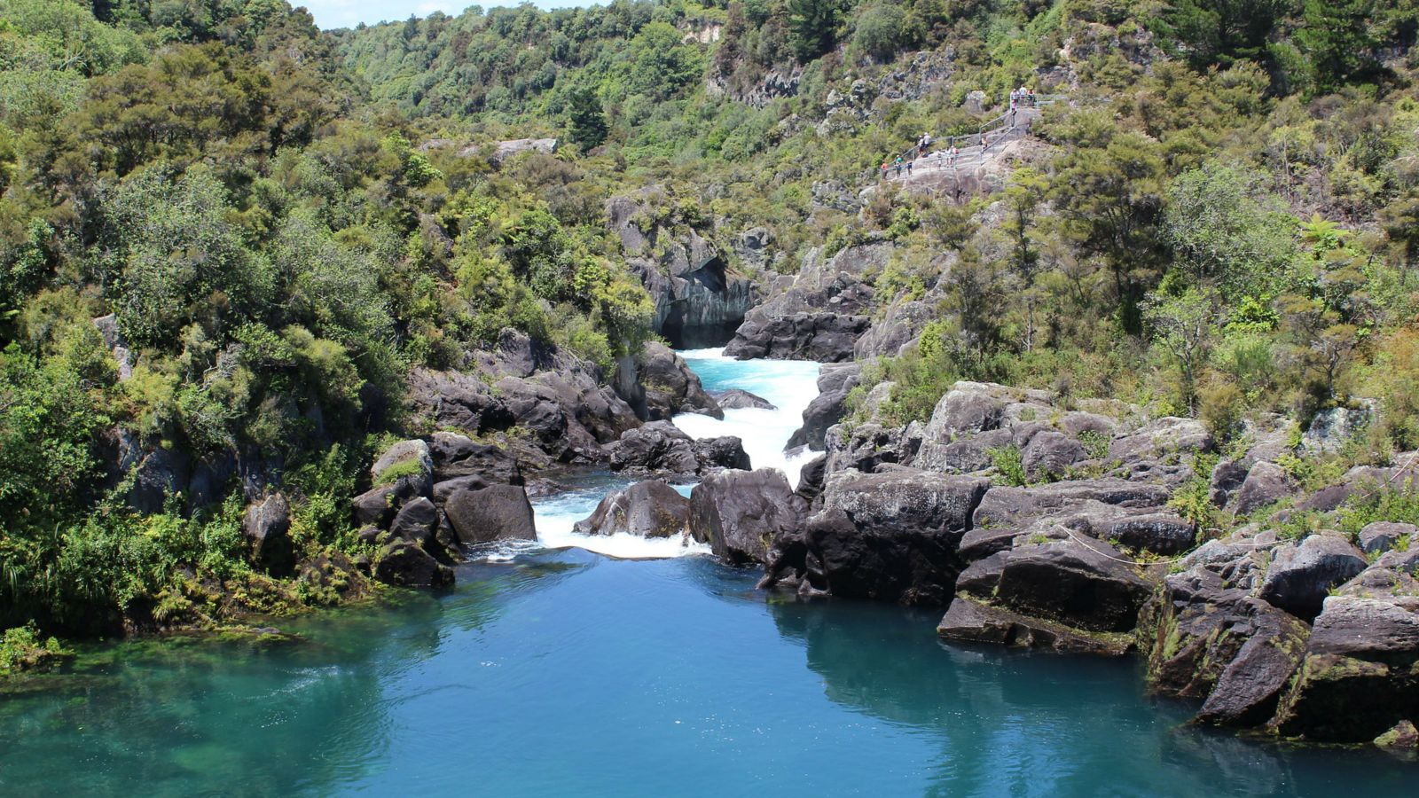 A blue river, in the centre of the photo, flows over rocks and into a pool, surrounded by greenery