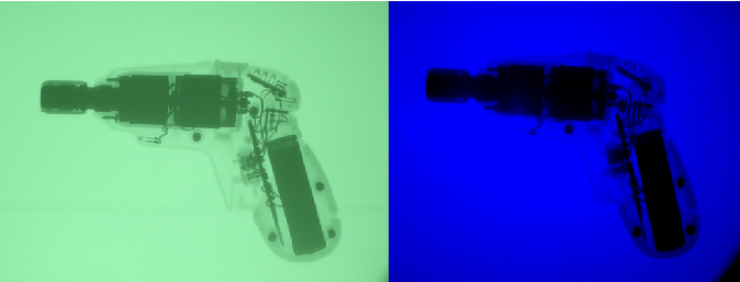 comparrison of xray and phosphorus xray image of an electric drill