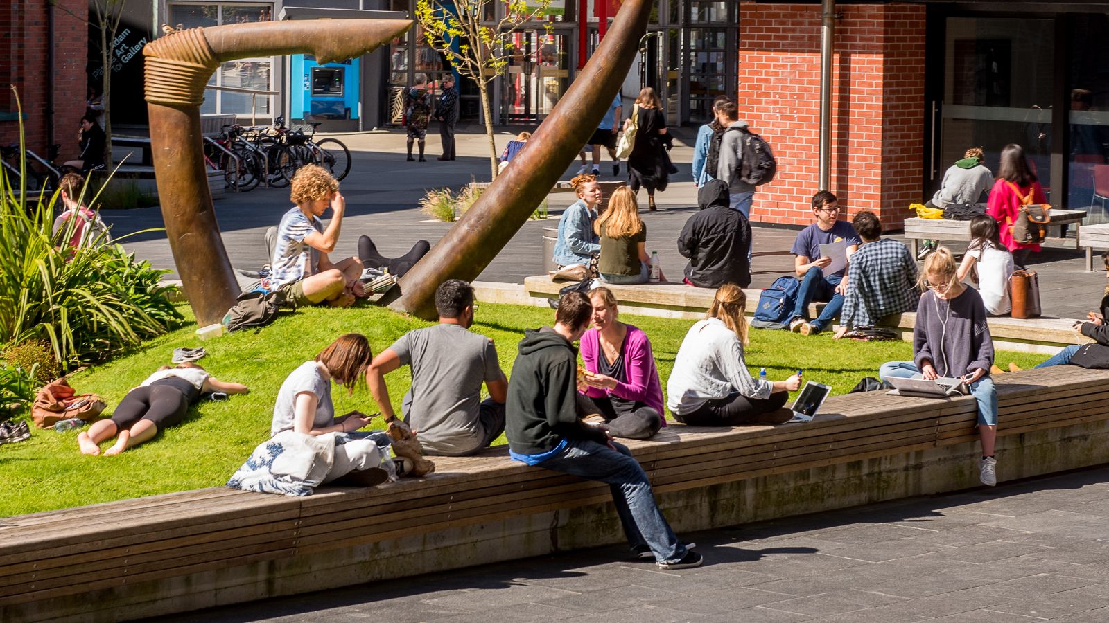 Students sitting in the Tim Beaglehole Courtyard in the sunshine between classes