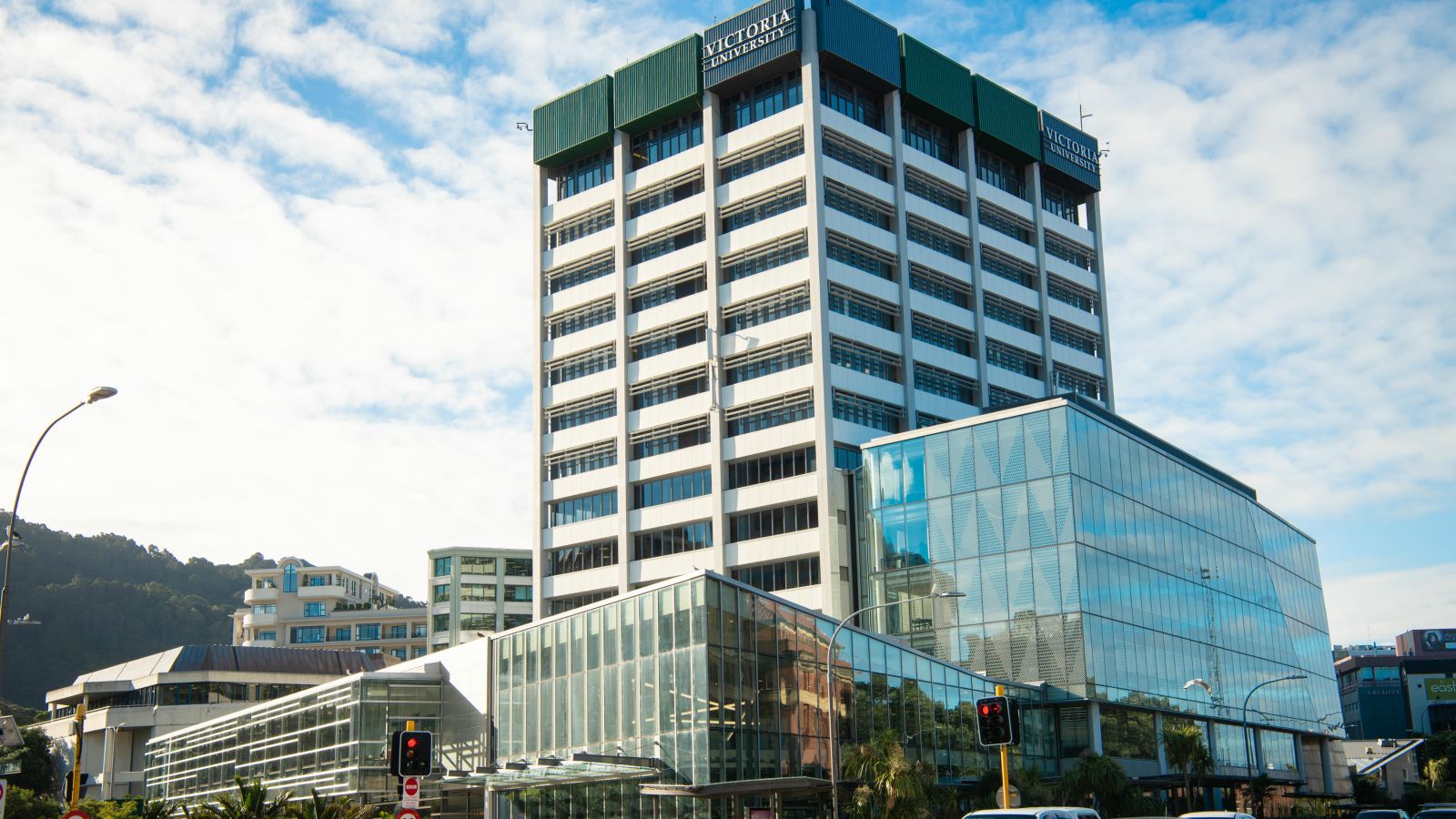 A view of Victoria University of Wellington's Rutherford House building from the street.