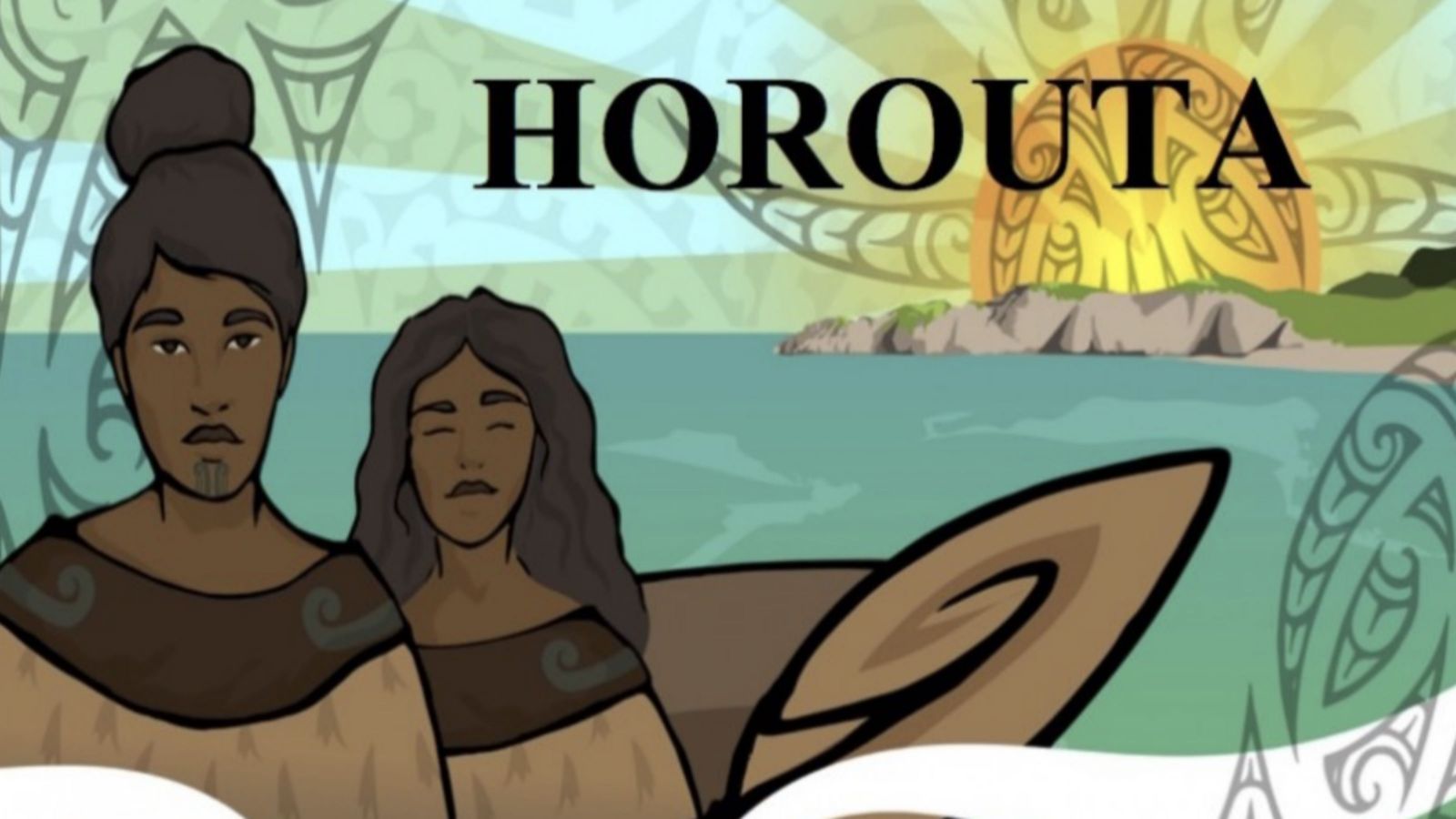 An animated image of a male and female in a handmade boat out on the ocean, with text that reads, Horouta.
