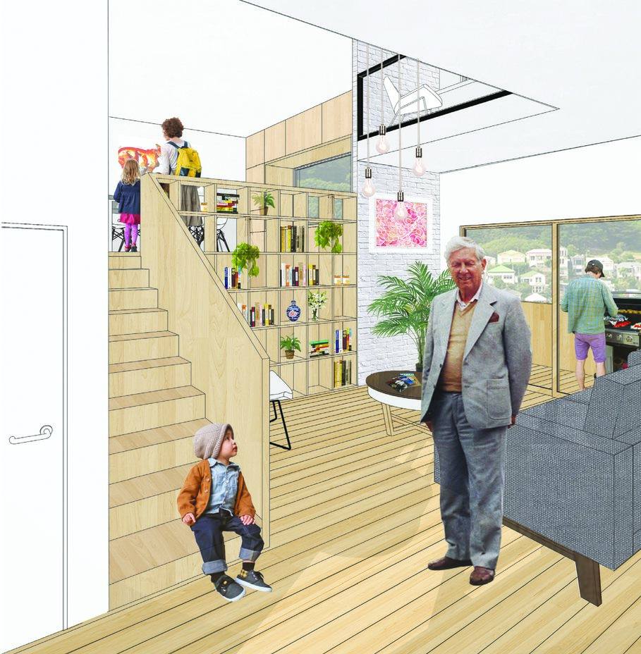 An animated indoor living space is juxtaposed with real images of humans using the space. A man in a grey suit looks out at us, as if to invite us into his vision.