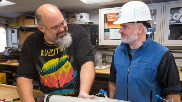 (L - R) Gerald Dickens and Rupert Sutherland. (Credit: Tim Fulton, International Ocean Discovery Program, JOIDES Resolution Science Operator).