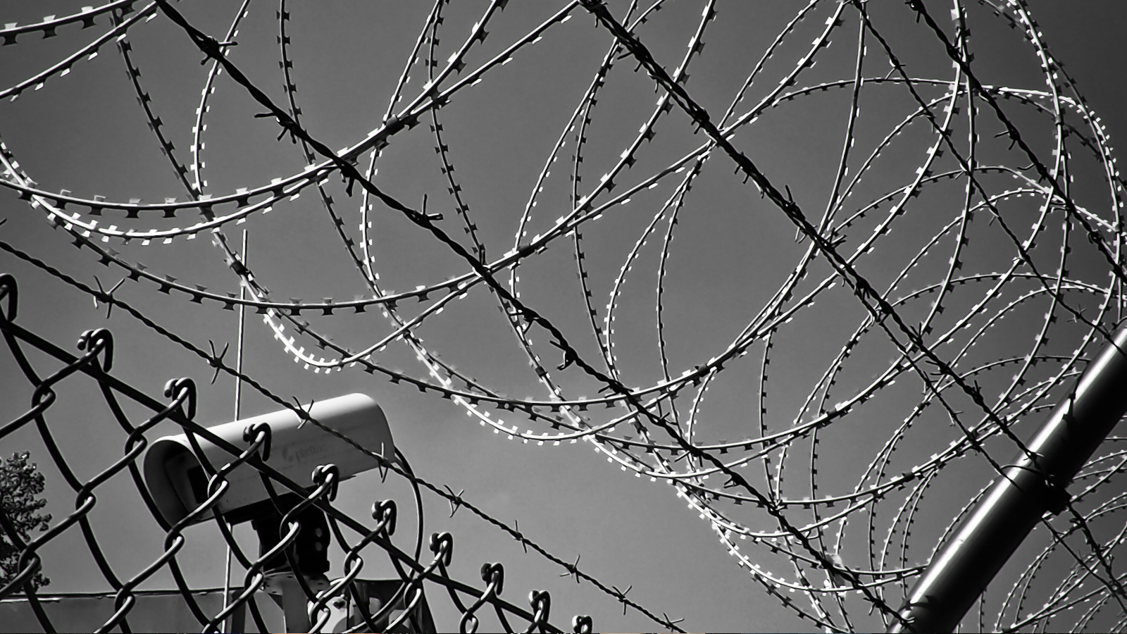 A close-up black and white image of a barbwired fence with a security camera in teh background.