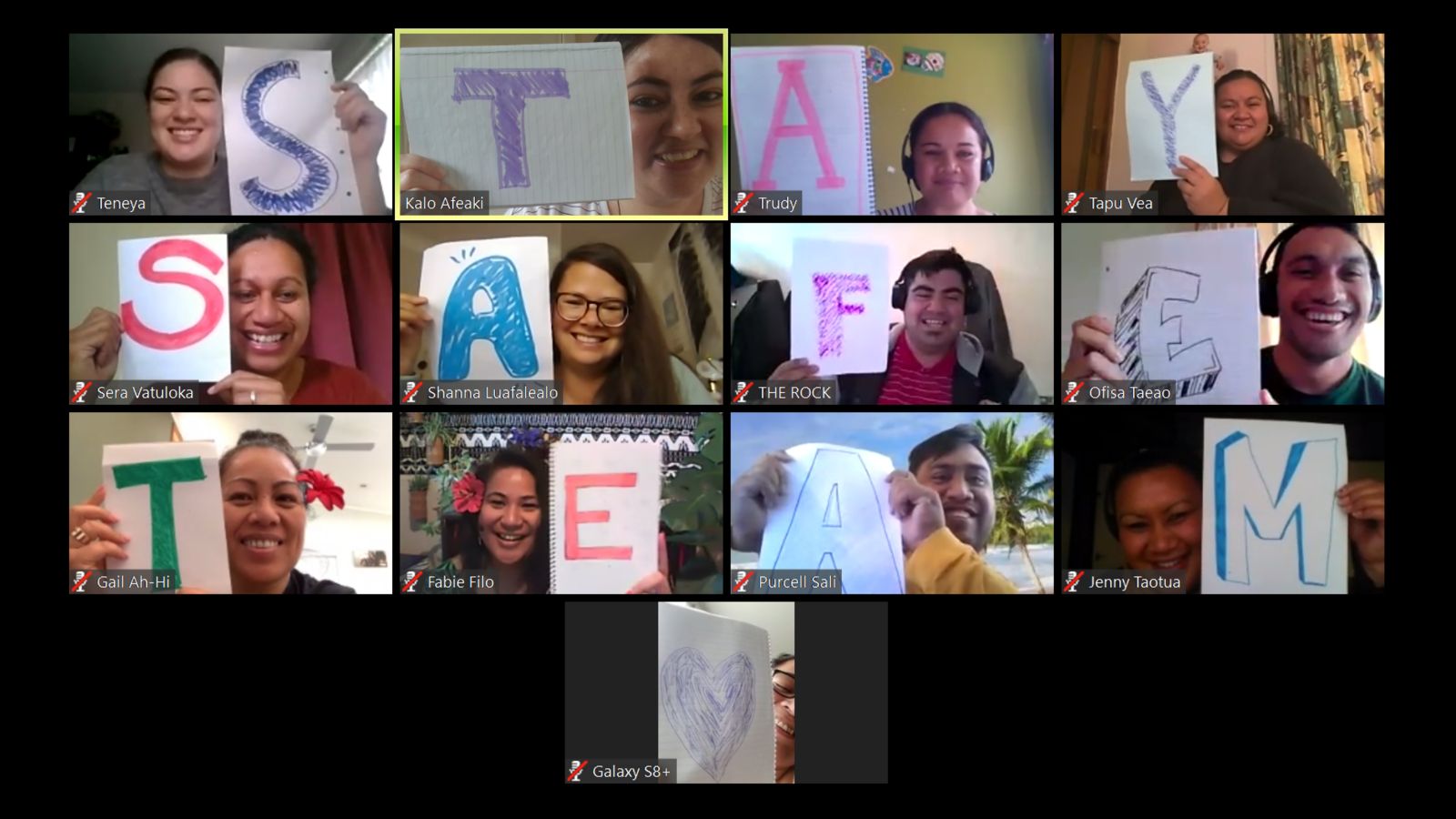 Pasifika Pillars holding up signs to stay safe during covid-19 on a zoom call.