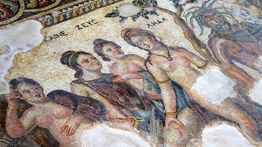 Mosaic depicting four women and a man.