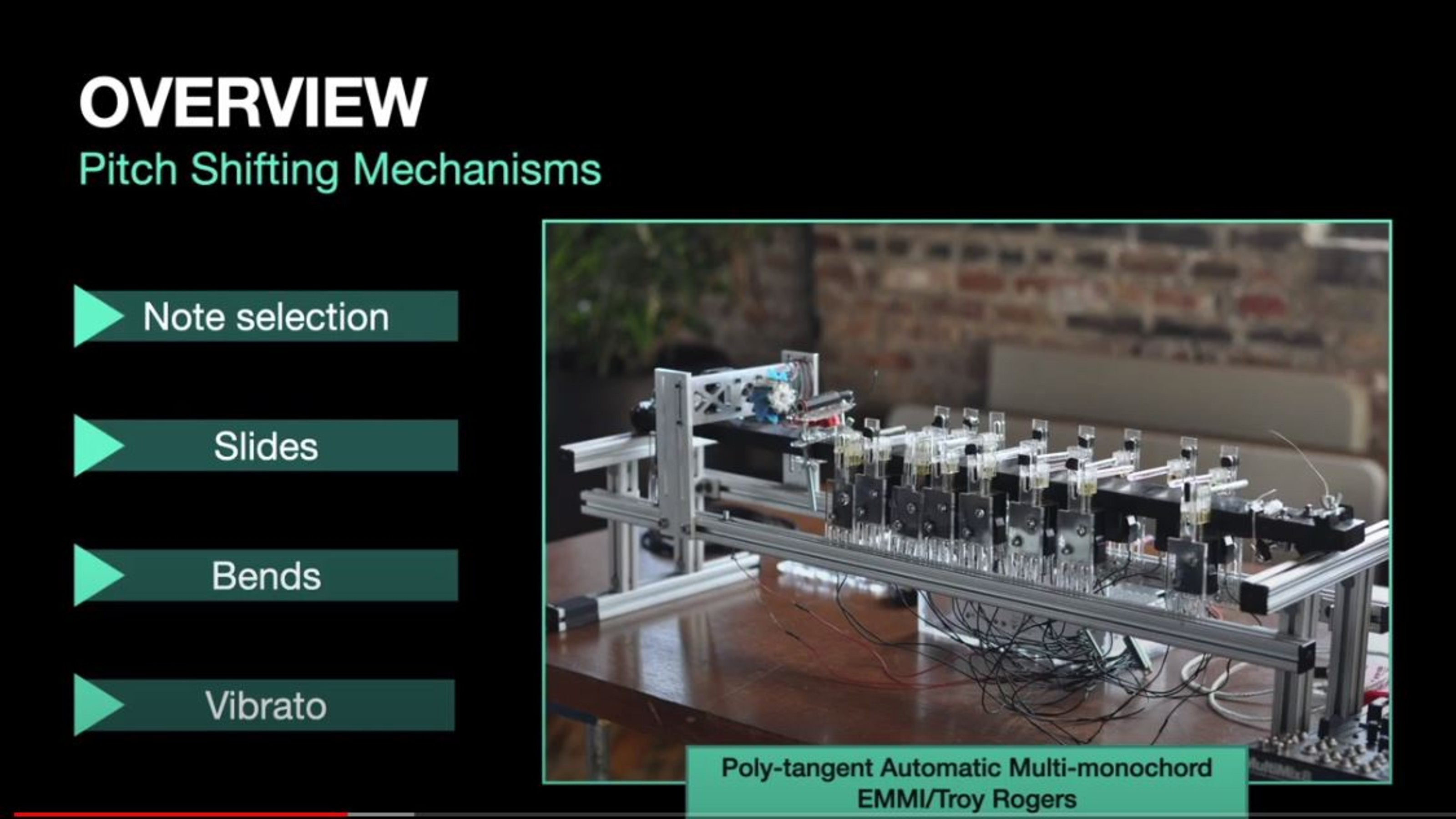 A still from 'Expressive Pitch Shifting Mechanism for Mechatronic Chordophones' by PhD student Juan Pablo Yepez Placencia and supervisors Jim Murphy and Dale Carnegie. 