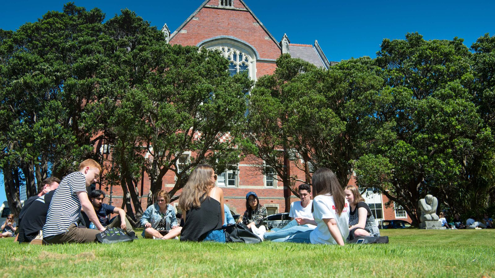 Students sitting on the grass in front of Hunter Building wearing Hall t-shirts at the Welcome Festival.
