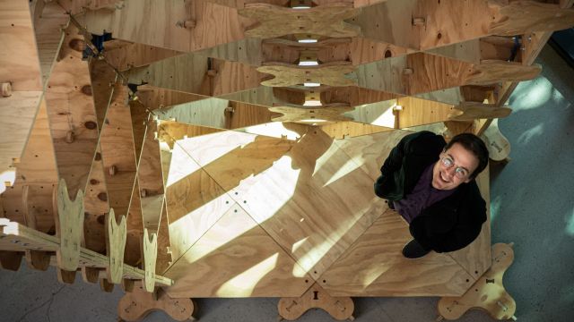 Ged Finch Architecture PhD student with his X-frame building solution