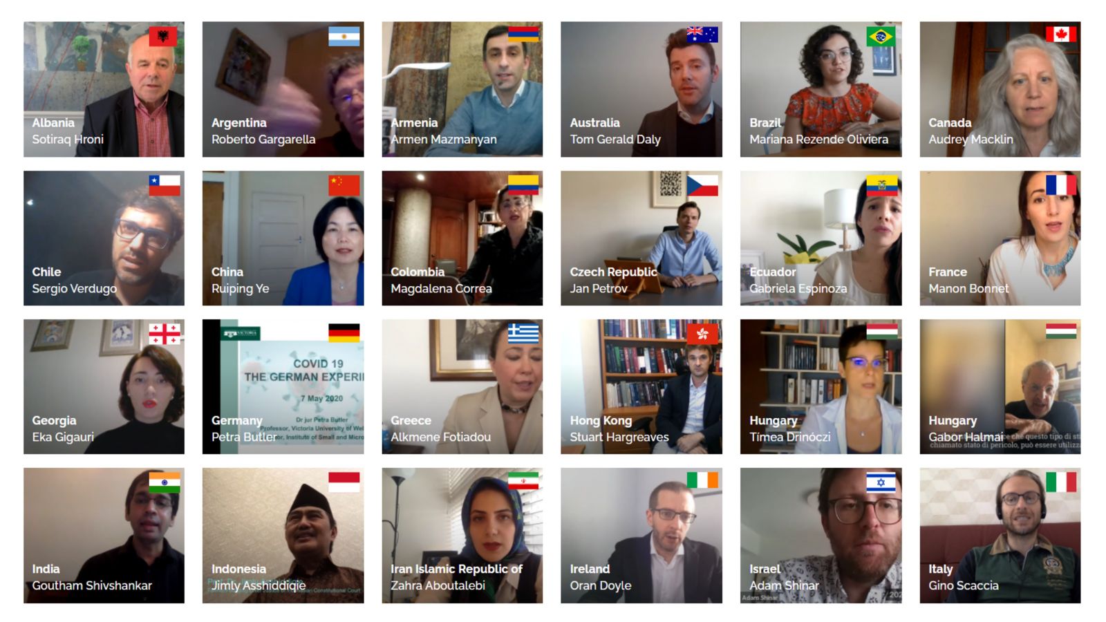 Grid of 24 shots of different people speaking via video conference with their respective nation's flag in the corner