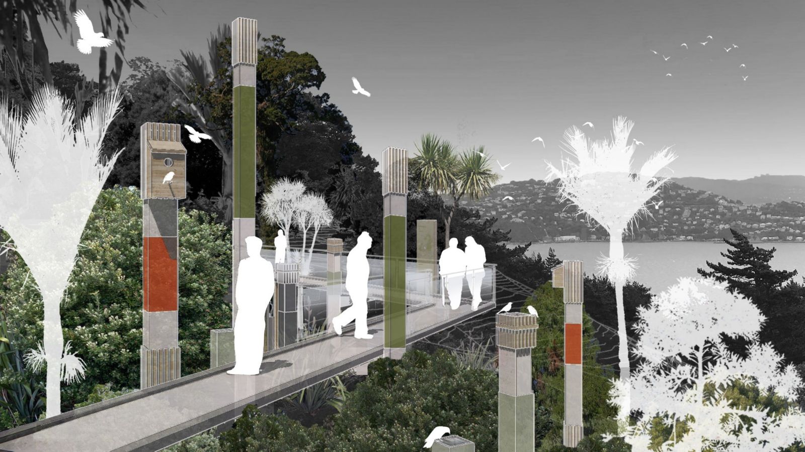 Design view of walking path in native bush, with white silhouettes of humans and birds.