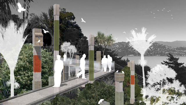 Design view of walking path in native bush, with white silhouettes of humans and birds.
