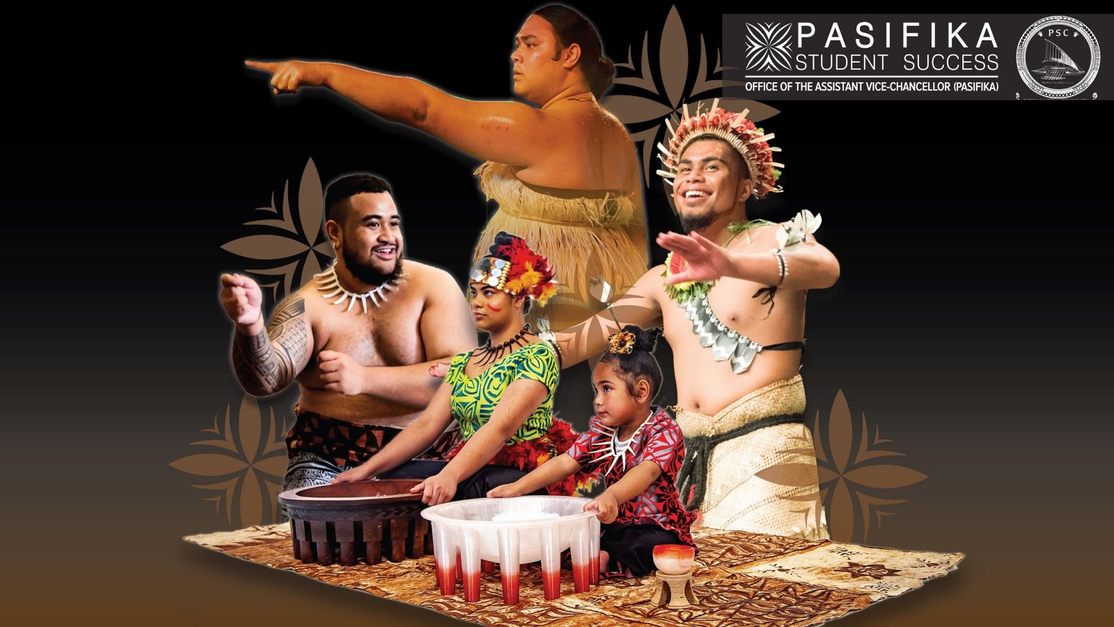 five people with various pasifika costumes, some preparing kava in kava bowls