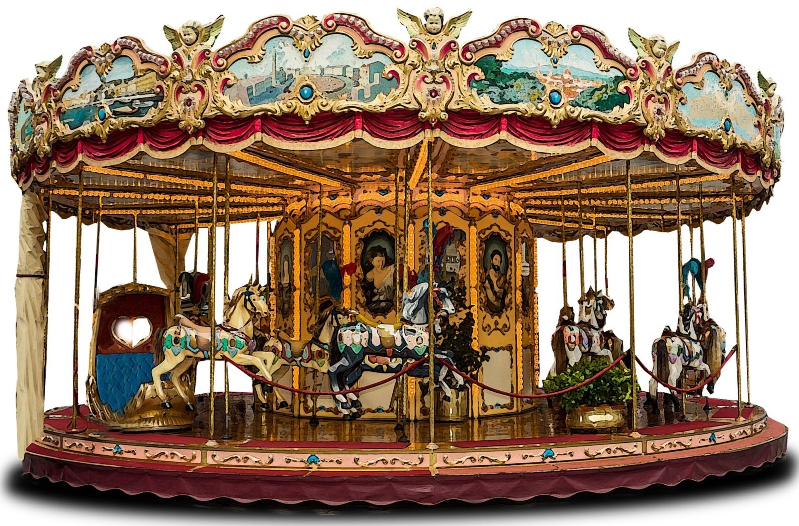 Victorian carousel fairground ride with red and gold accent colours. Roof is surrounded by landscape paintings in ornate panels alternating with cherubs. The centre column is covered with life-size portrait paintings. Horses and carriages with colourful decorations fill the carousel but no-one is riding them.